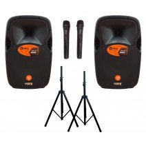 Combo parlantes potenciados Bluetooth 15 2000W + micrfonos + tripodes