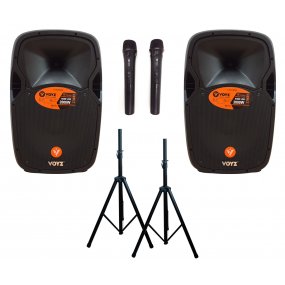 Combo parlantes potenciados Bluetooth 15" 2000W + micrófonos + tripodes