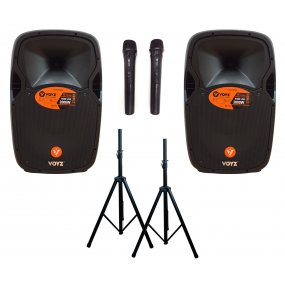 Combo parlantes potenciados Bluetooth 15" 2000W + micrfonos + tripodes